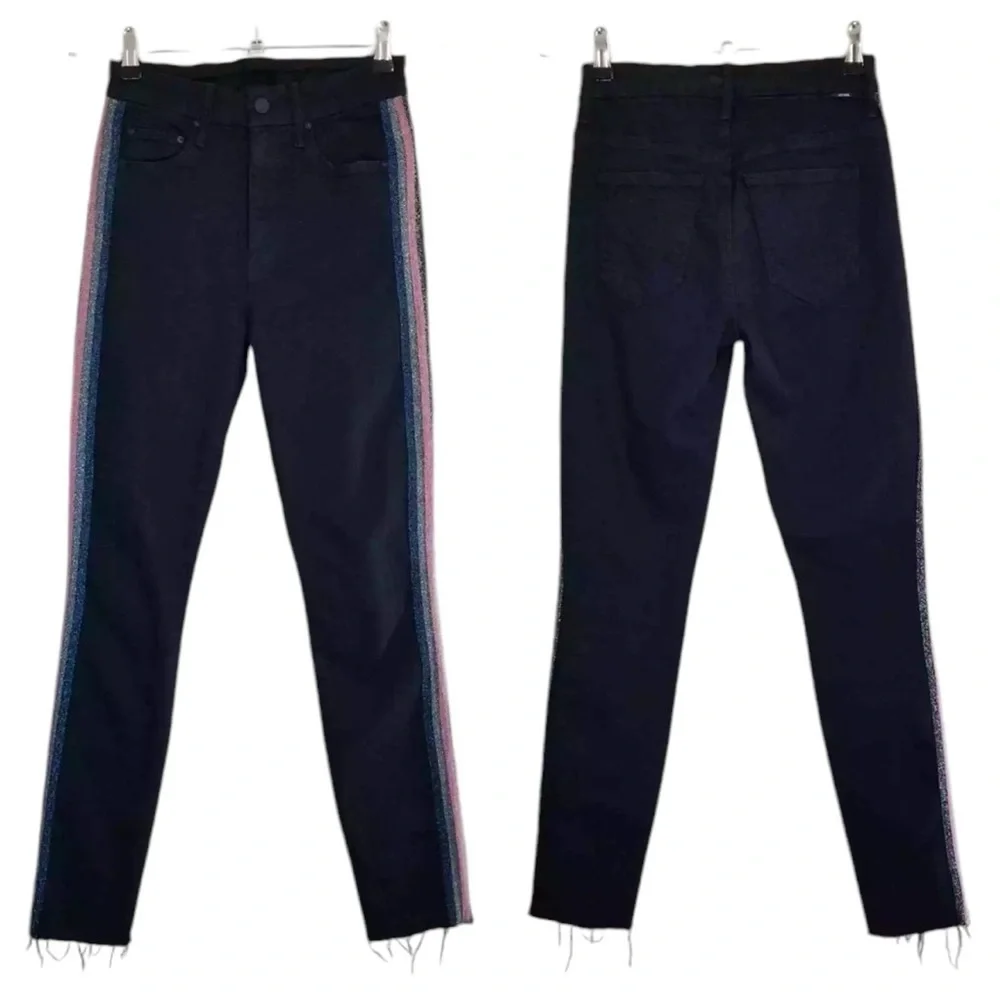 Mother High Waisted Looker Ankle Fray Black Guilty Glitter Racer Stripe Jeans 26
